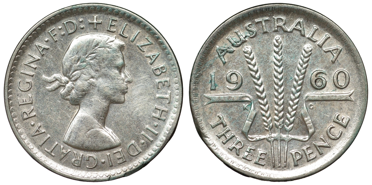 Австралия 3 пенса 1960 m, Елизавета II (1953-) KM 57 серебро 71-657