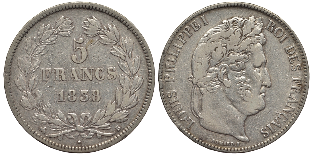 Франция 5 франков 1838 В, Луи Филипп I (1830-1848) KM 749.2 серебро 443-845