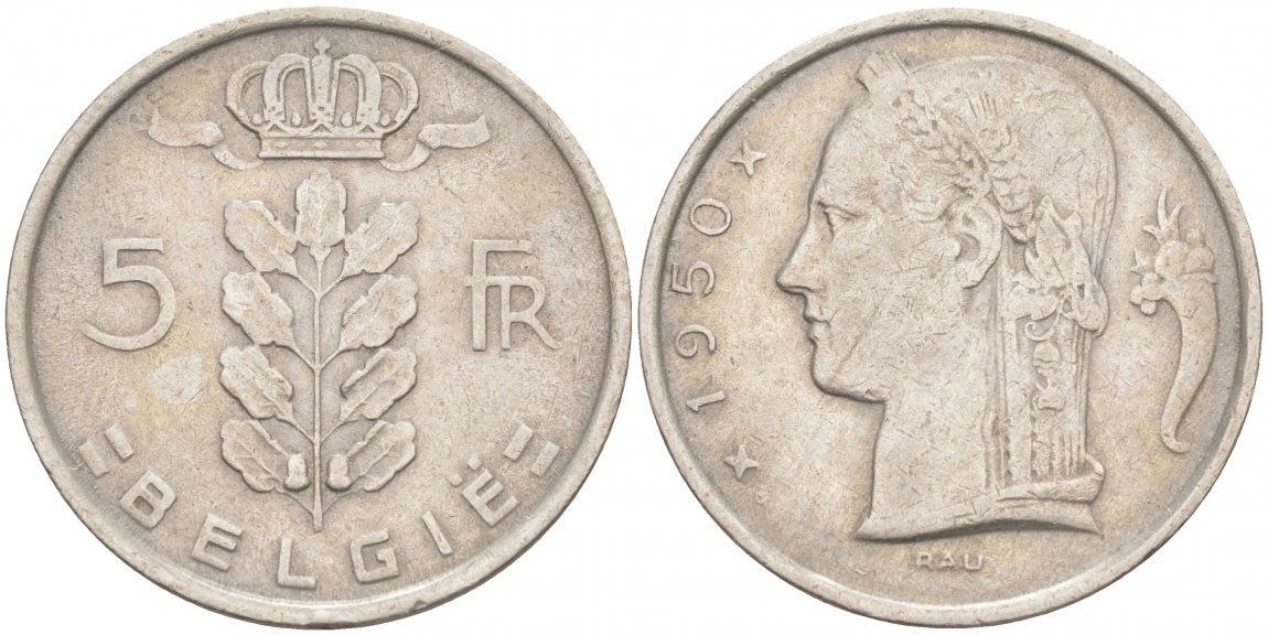 БЕЛЬГИЯ 5 ФРАНКОВ 1950 BELGIE KM 135.1 медно-никель 68-242