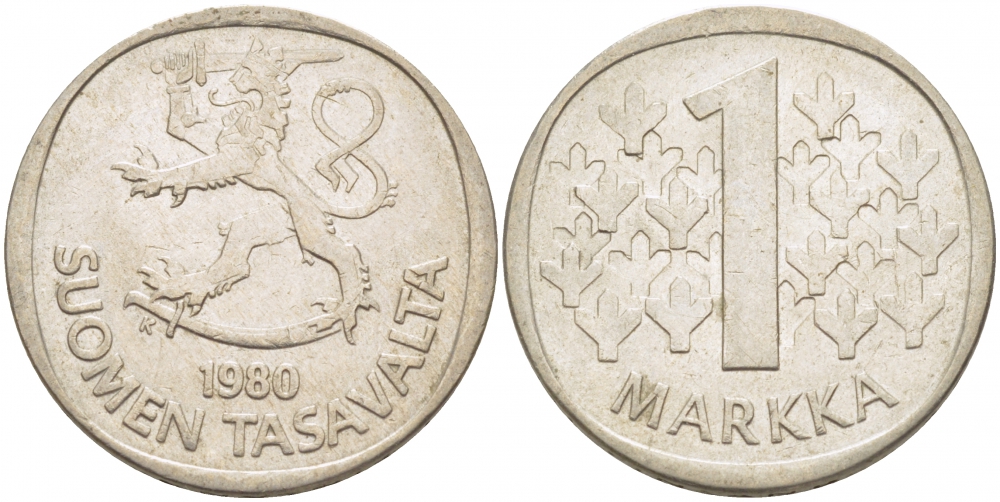 ФИНЛЯНДИЯ 1 МАРКА 1980 K KM 49а медно-никель 3718-826