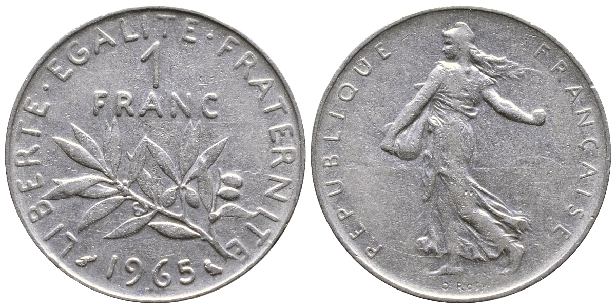 Франция 1 франк 1965 сеятель KM 925.1, Le Franc 226.9 никель 84-1315