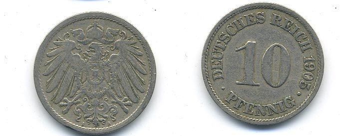 Германия 10 пфеннигов 1905 A KM 12, J. 13 медно-никель 58-241