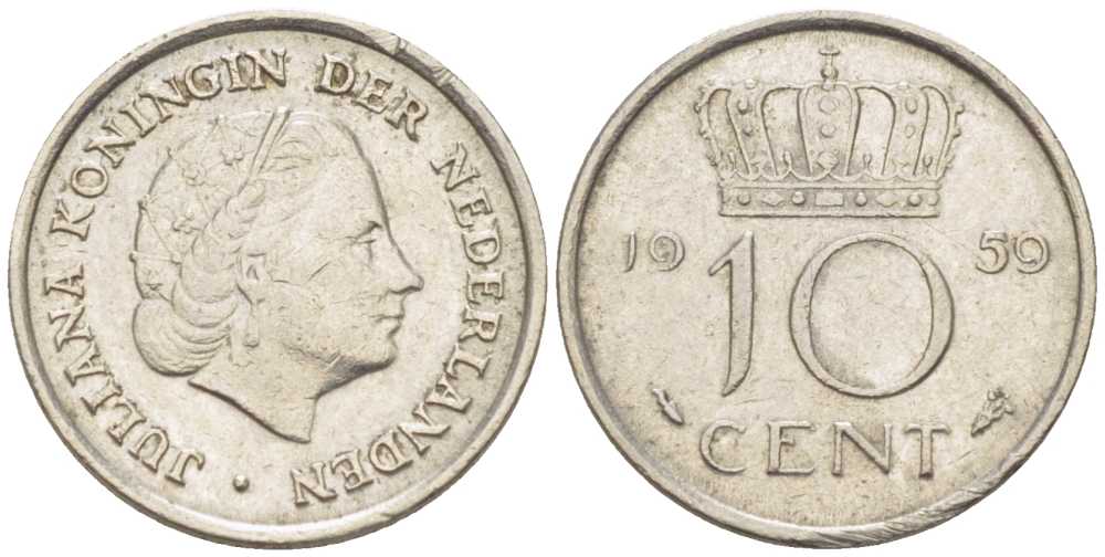 НИДЕРЛАНДЫ 10 ЦЕНТОВ 1959 ЮЛИАНА (1948-1980) KM 182 никель 214-1154