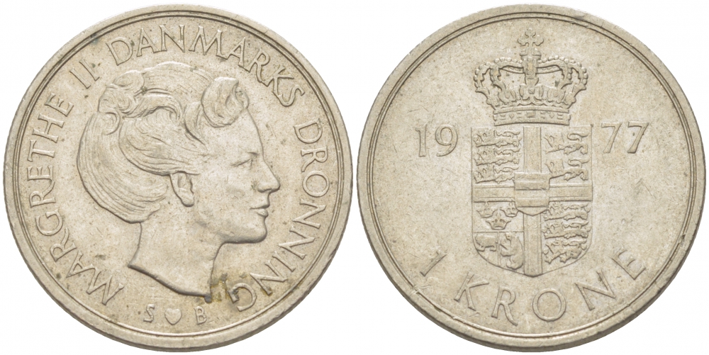 Дания 1 крона 1977 S; B, Маргарете II (1972- ) KM 862.1 медно-никель 213-1223