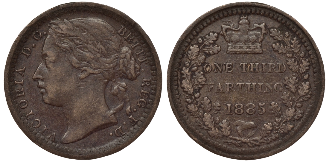 Великобритания 1/3 фартинга 1885 Виктория (1837-1901) KM 750, Spink 3960 бронза 1524-515