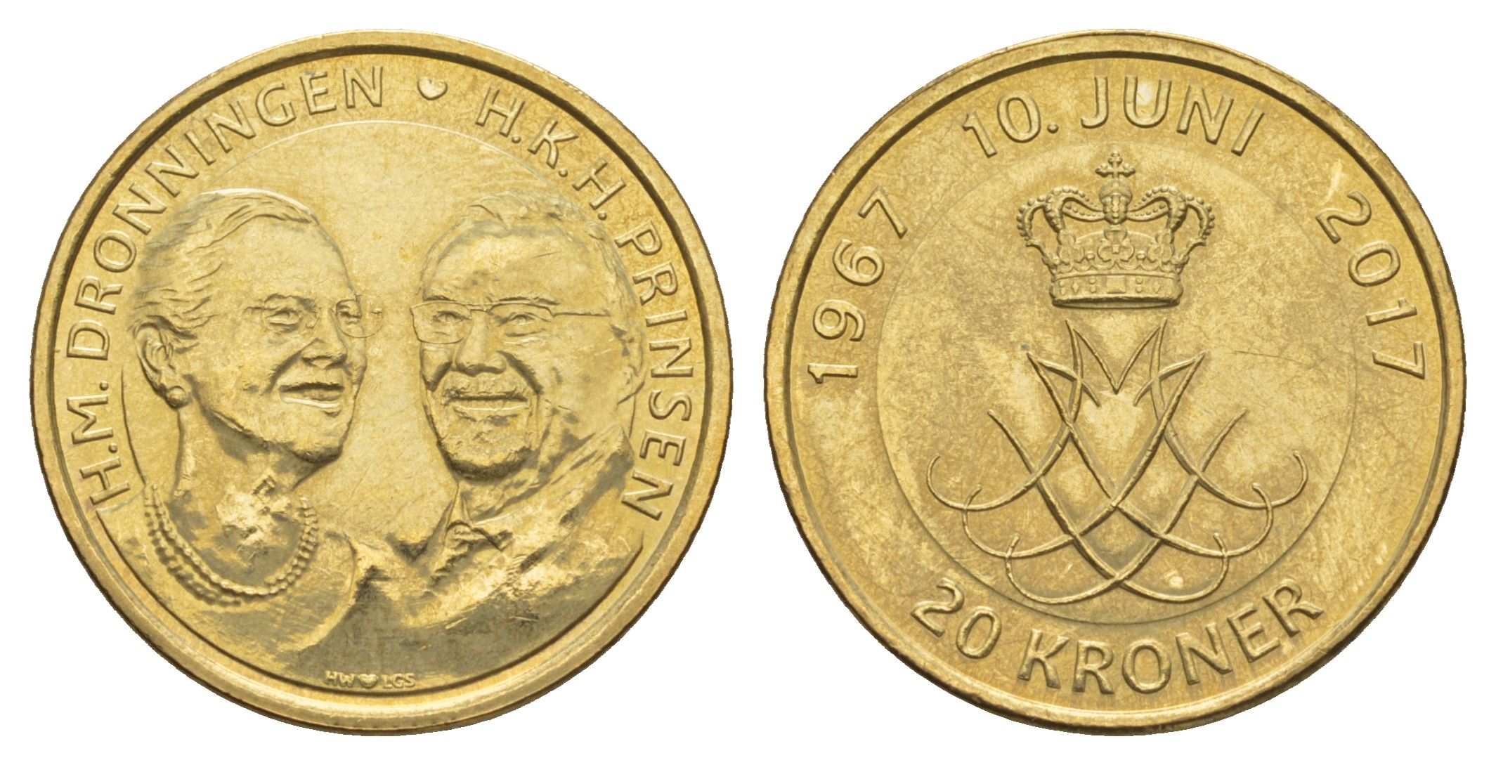 Дания 20 крон 2017 Золотая свадьба KM 966 алюминиевая бронза UNC 4648-1255