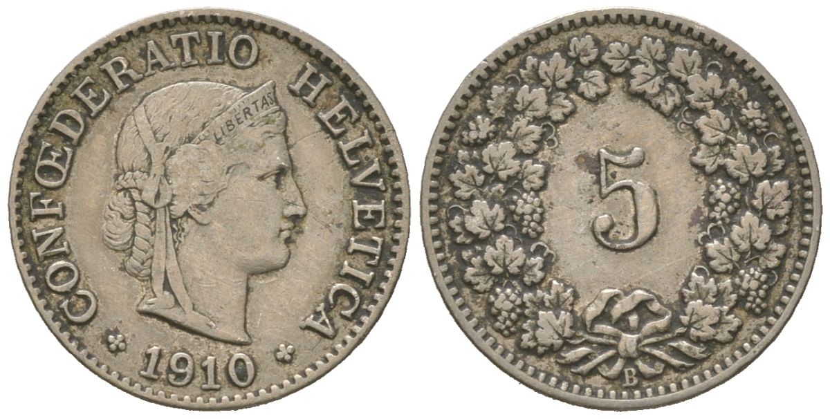 Швейцария 5 раппенов 1910 B KM 26 медно-никель 4160-417