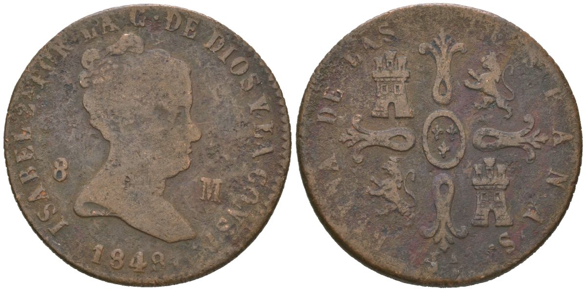 Испания 8 мараведи 1848 JA, Изабелла II (1833-1868) KM 531 медь 92-542