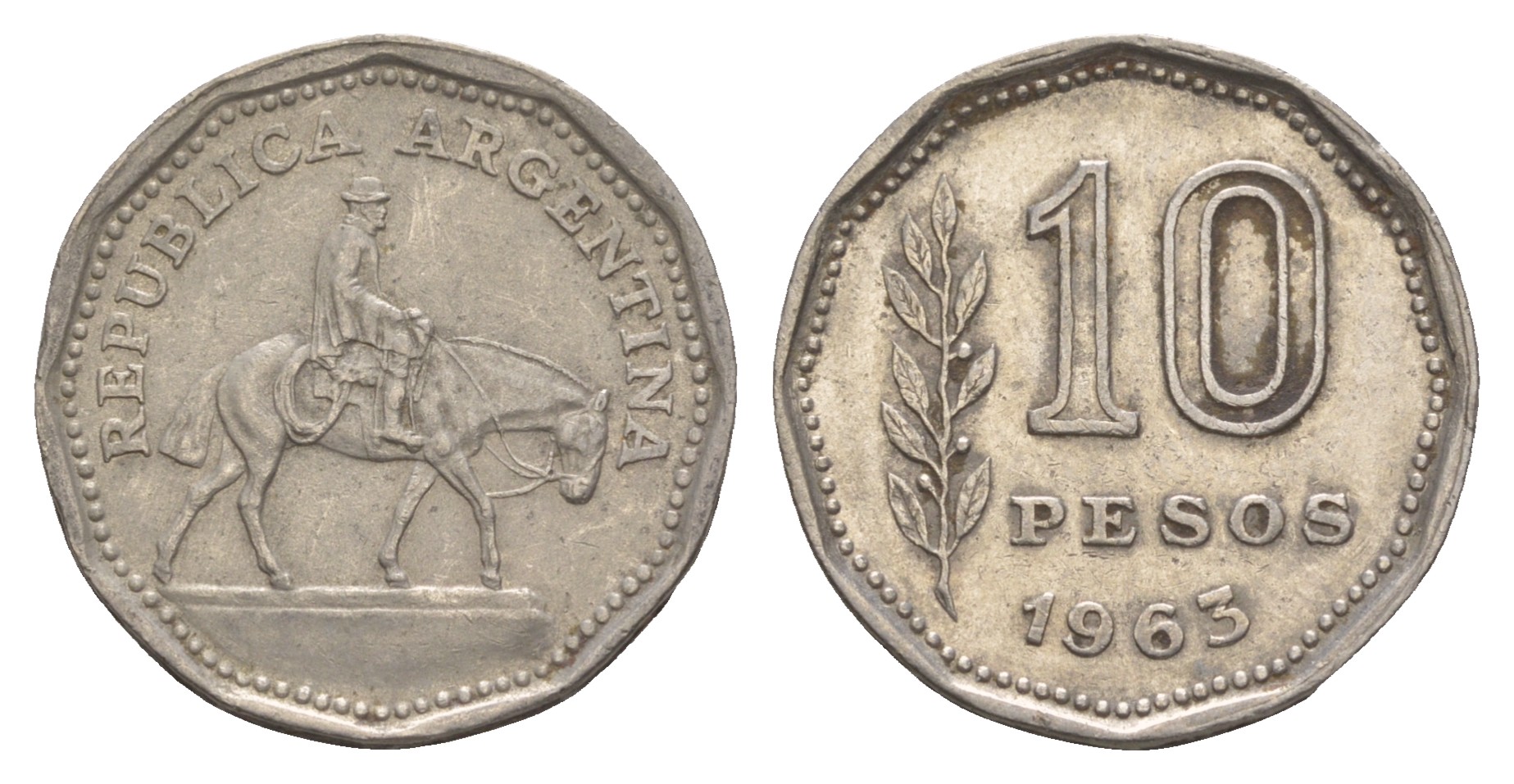 Аргентина 10 песо 1963 Гаучо KM 60, Schon 60, CJ 283 сталь плакированная никелем    3459-457