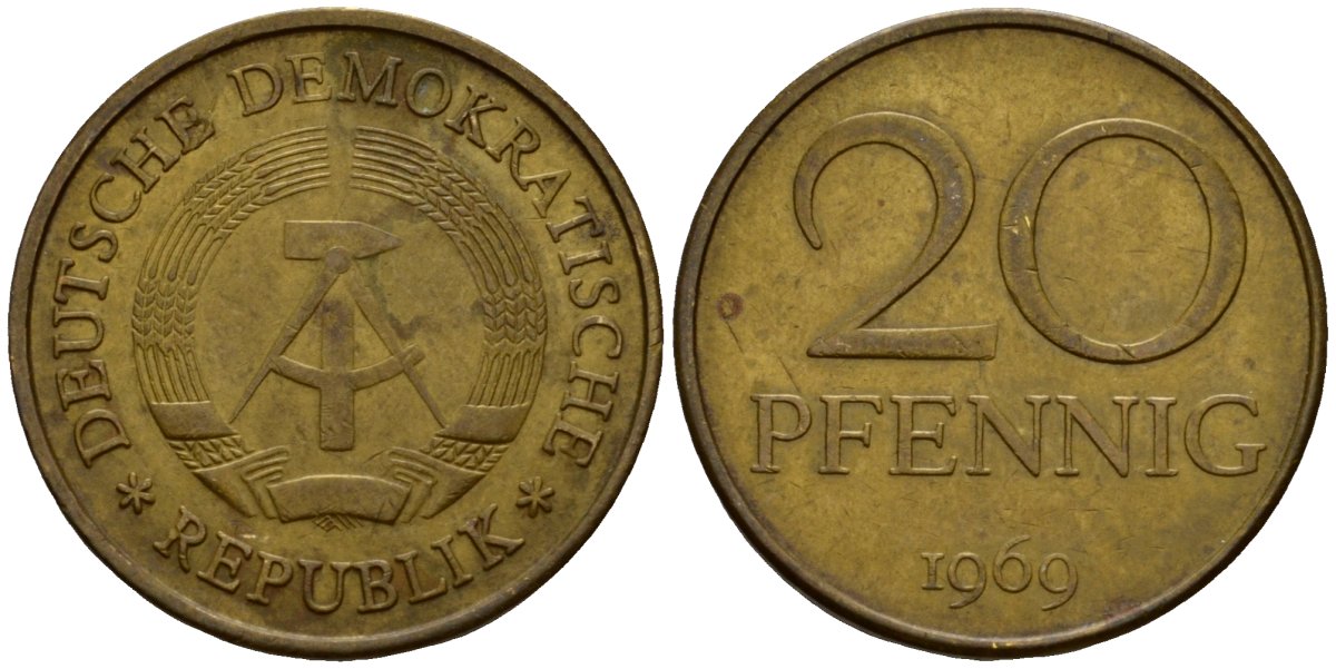 ГДР 20 пфеннигов 1969 A, первый год KM 11 латунь 4601-543