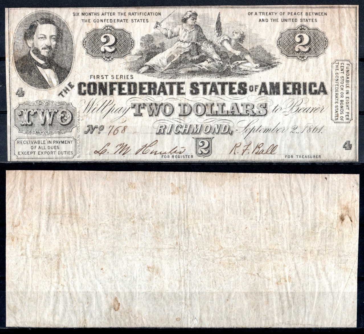 Конфедеративные Штаты Америки 2 доллара 1861 № 768. Филип Бенджамин, аллегорическая женщина ("Юг разрушает союз")	Friedberg № CS-38 (T-38). Pick 13 бумага 451-1031-2