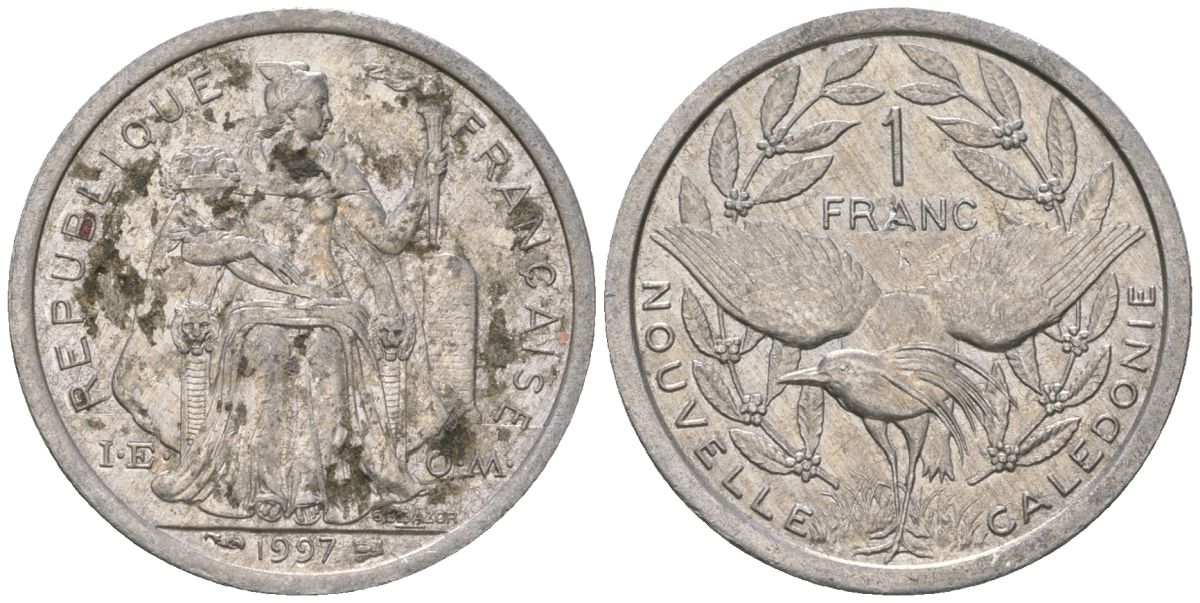 Французская Новая Каледония 1 франк 1997 птица кагу, (IEOM) KM 10, Schoen 10, Lec 52b алюминий 41-725