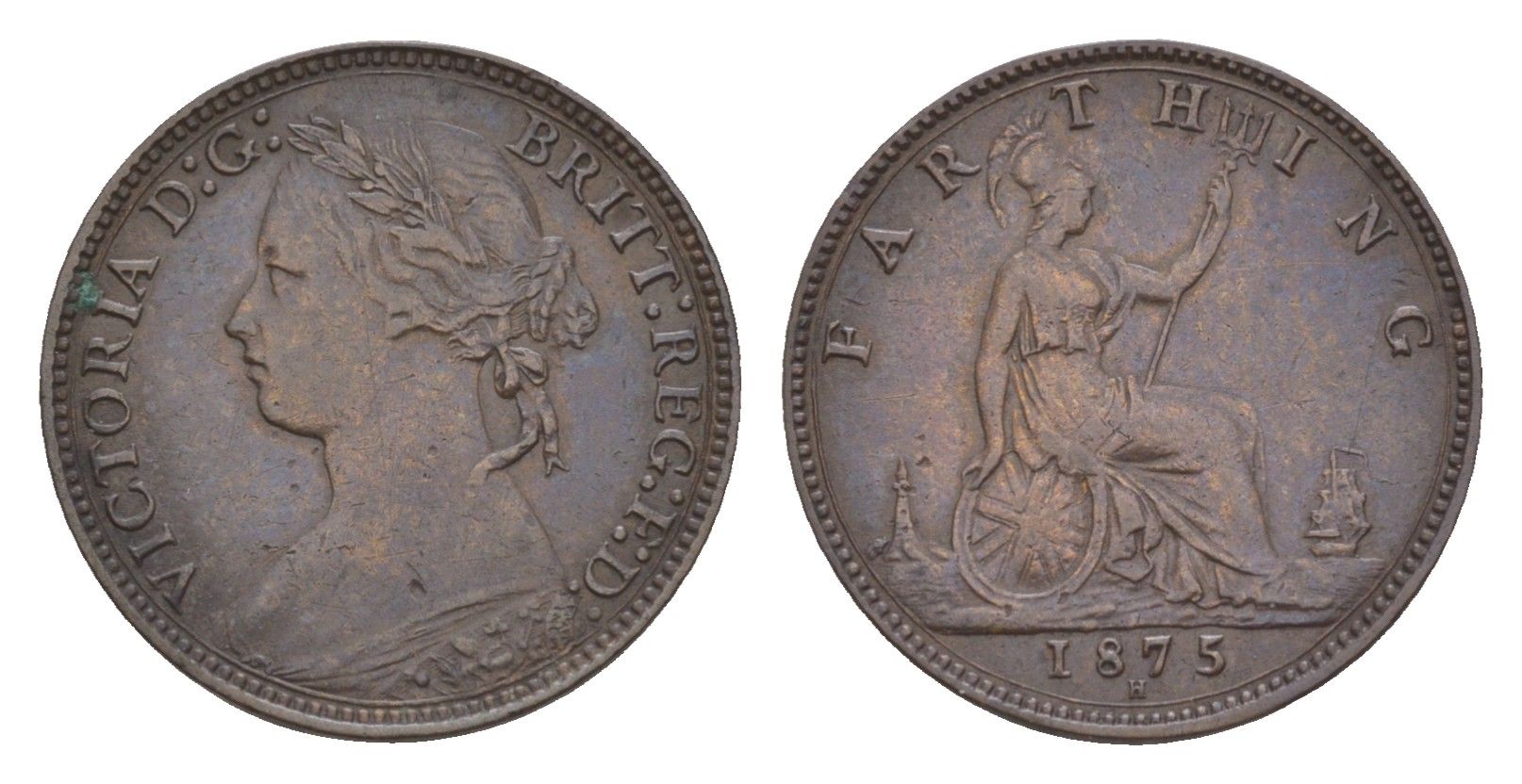 Великобритания 1 фартинг 1875 H, Виктория (1837-1901) KM 753, Spink 3959 бронза 1520-1024