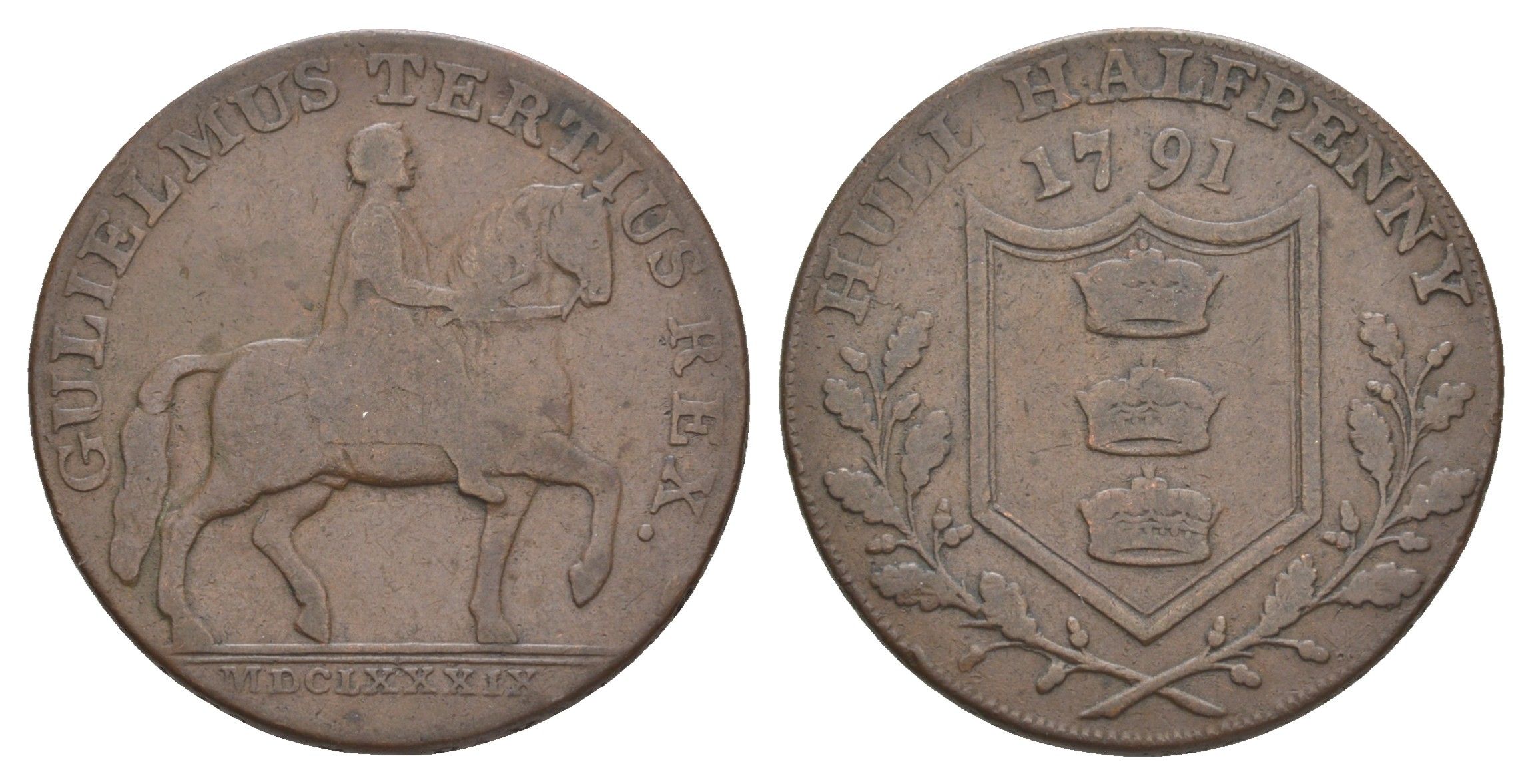 Великобритания, Халл (Йоркшир) 1/2 пенни 1791 Конная статуя Вильгельма III, гурт надпись, токен Dalton Hammer 20 медь 413-2523