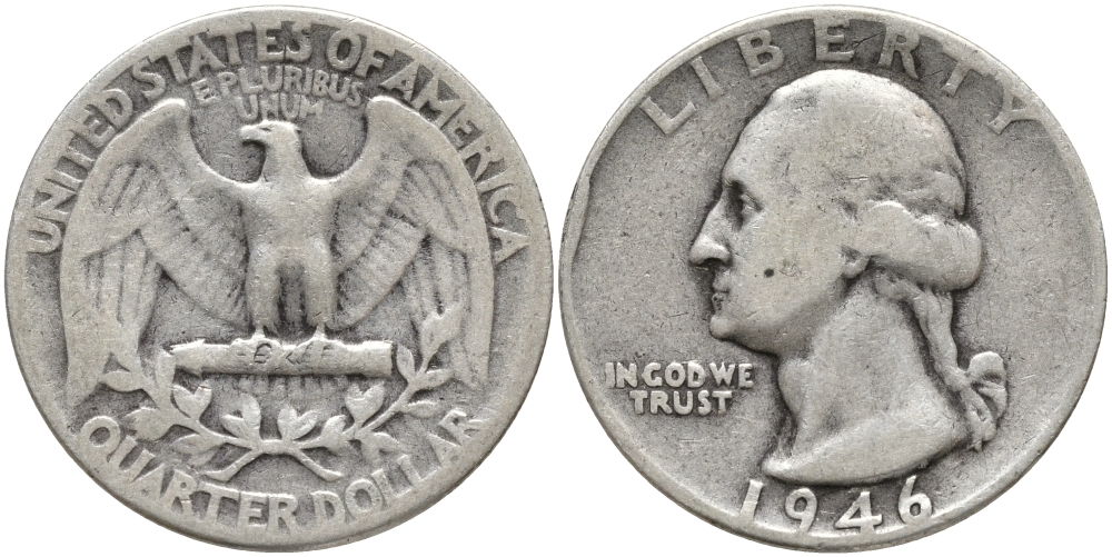 США 25 центов = квотер 1946 Вашингтон KM 164 серебро 86-1153