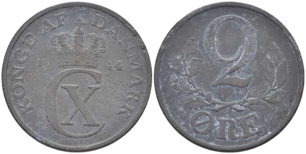 ДАНИЯ 2 ЭРЕ 1944 N; S, КРИСТИАН X (1912-1947) KM 833а цинк 67-515