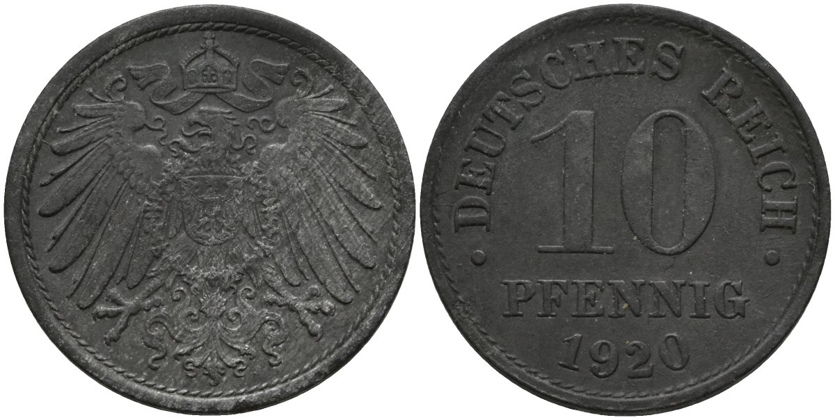 Германия 10 пфеннигов 1920 KM 26, J. 299, Weege 8 цинк 4171-252