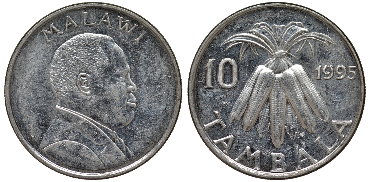 Малави 10 тамбала 1995 кукуруза KM 27 никелированная сталь 4163-1145