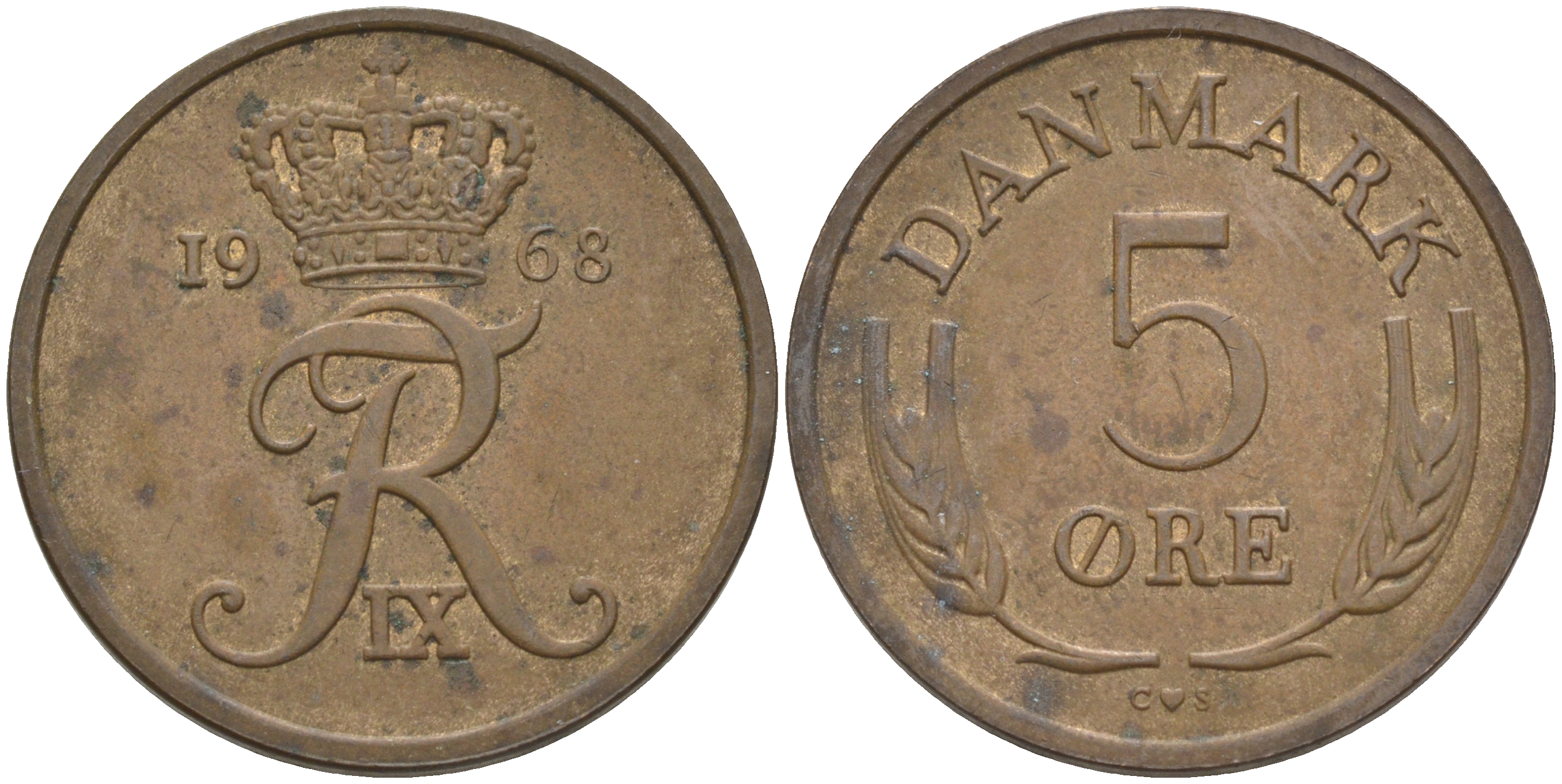 ДАНИЯ 5 ЭРЕ 1968 C; S, ФРЕДЕРИК IX (1947-1972) KM 848.1 бронза 106-116