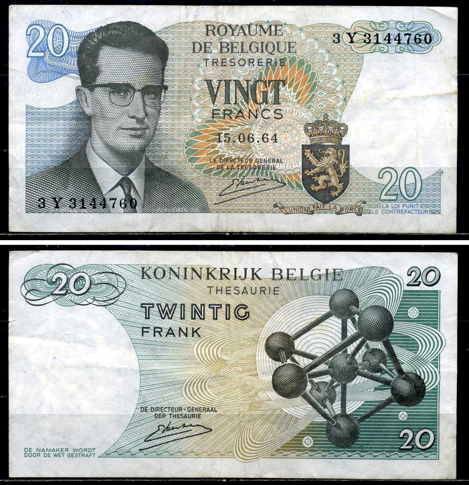 Бельгия 20 франков 1964 Бодуэн I, атомиум, Kestens Pick 138 (3) бумага 6299-44-4-2