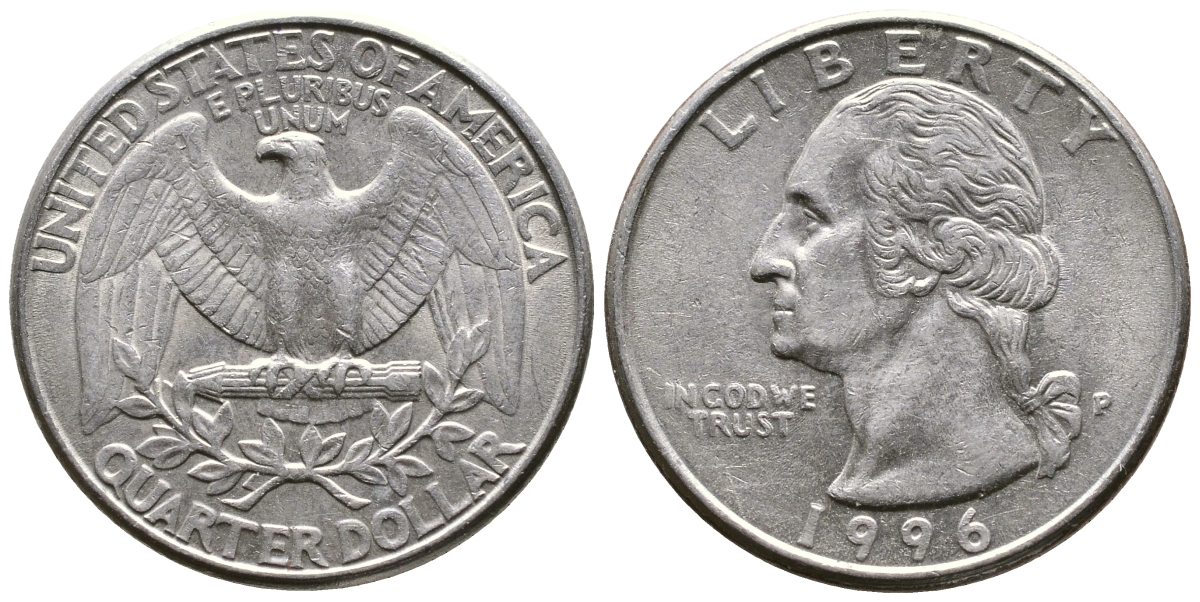США 25 центов (квотер) 1996 P, Вашингтон KM А164а медь плакированная медно-никелем 23-426