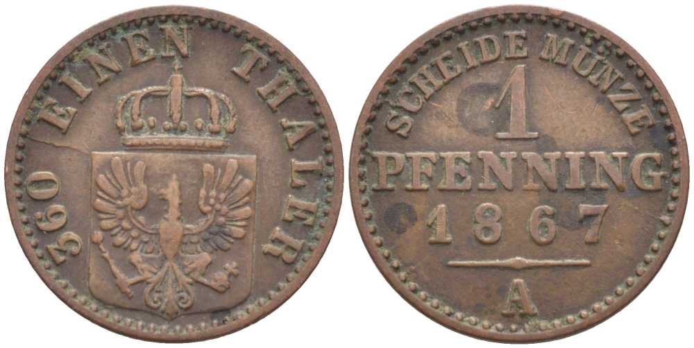 ПРУССИЯ 1 ПФЕННИГ 1867 А, ВИЛЬГЕЛЬМ I (1861-1888) KM 480 медь 201-548