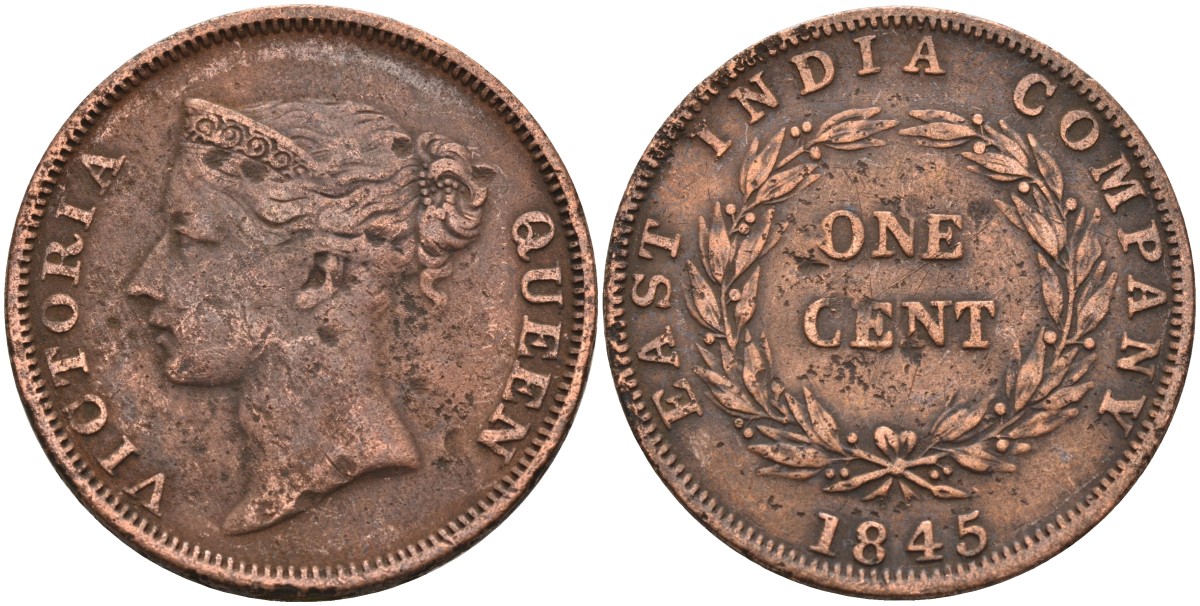 Стрейтс-Сетлментс 1 цент 1845 Виктория (1837-1901), Ост-Индская компания KM 3 медь 4590-121