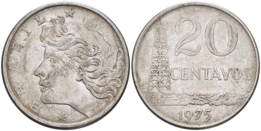 Бразилия 20 сентаво 1975 голова свободы влево KM 579.1a, Schon 84b нержавеющая сталь 3718-611