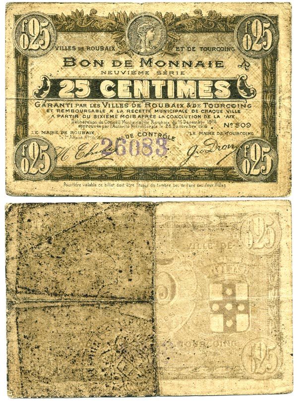 ФРАНЦИЯ 25 САНТИМОВ 1916 РЕГИОНАЛЬНЫЙ БОН ГОРОДОВ РУБЭ И ТЕРКУЭН бумага 7485-9-2-2