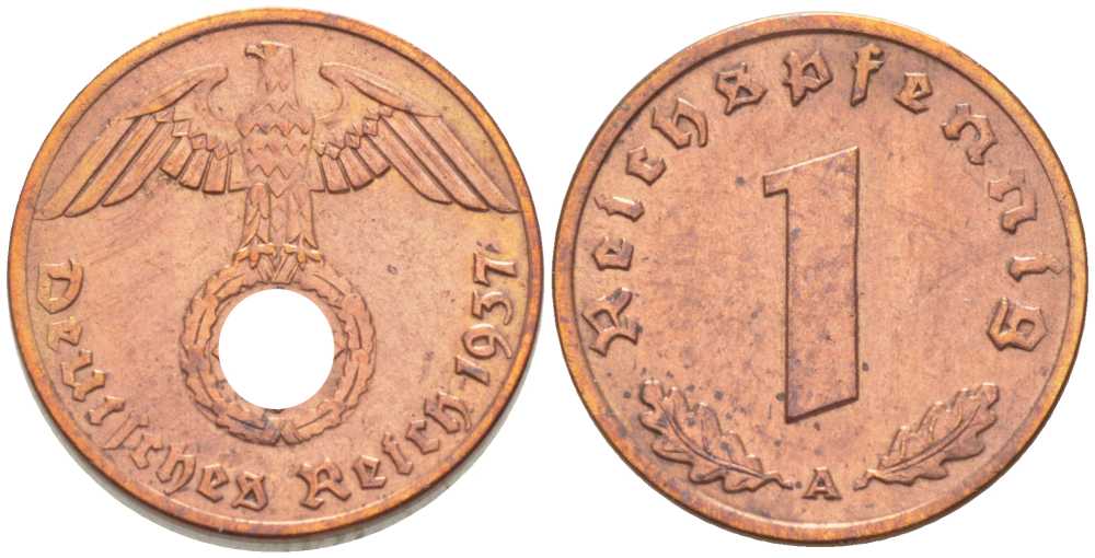 ГЕРМАНИЯ 1 РЕЙХСПФЕННИГ 1937 А KM 89, J. 361 бронза 206-1119