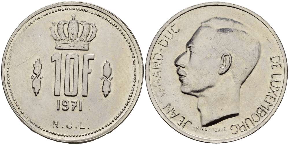 Люксембург 10 франков 1971 Великий герцог Жан (1964-2000) KM 57 никель 259-453