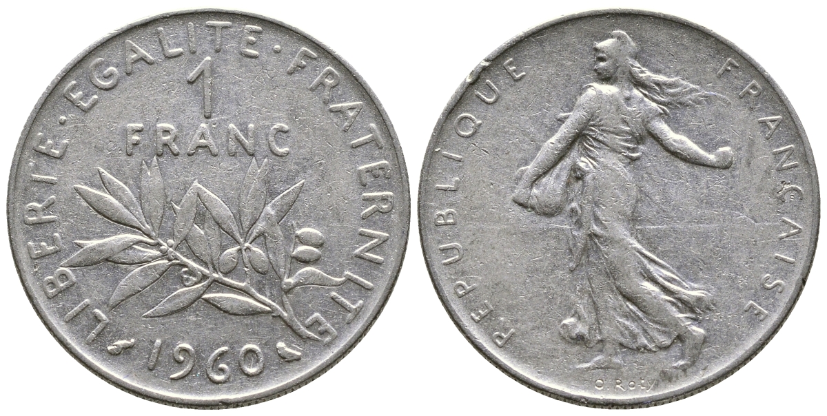 ФРАНЦИЯ 1 ФРАНК 1960 СЕЯТЕЛЬ KM 925.1, LE FRANC 226.4 никель 3999-446