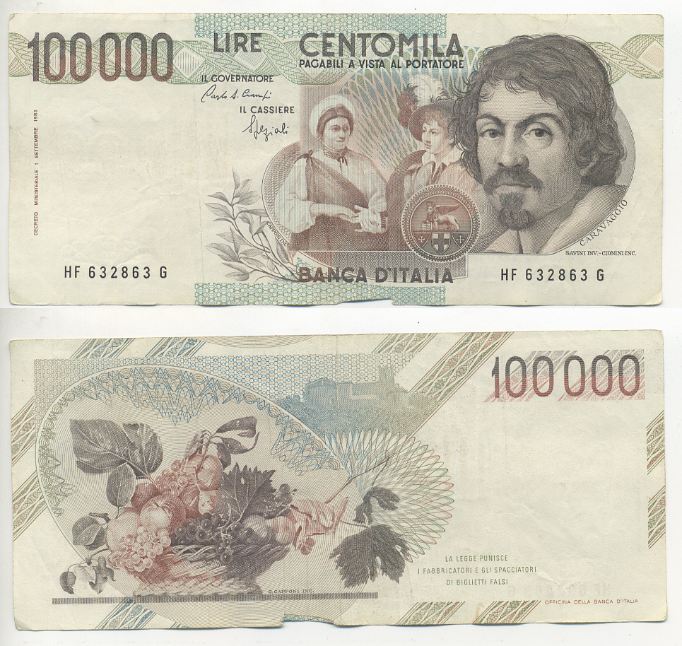 Италия 100000 лир 1983 Караваджо, фруктовый букет, подпись Speziali Pick 110b бумага 7220-10-2