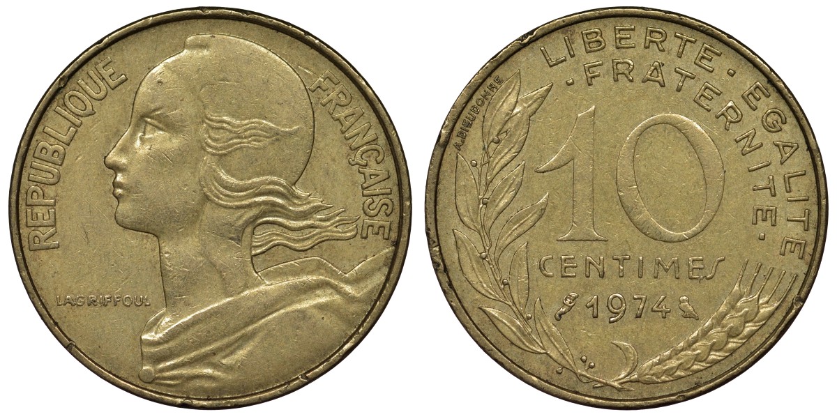 Франция 10 сантимов 1974 тип Marianne KM 929, Le Franc 144.14 медь алюминий никель 4128-157