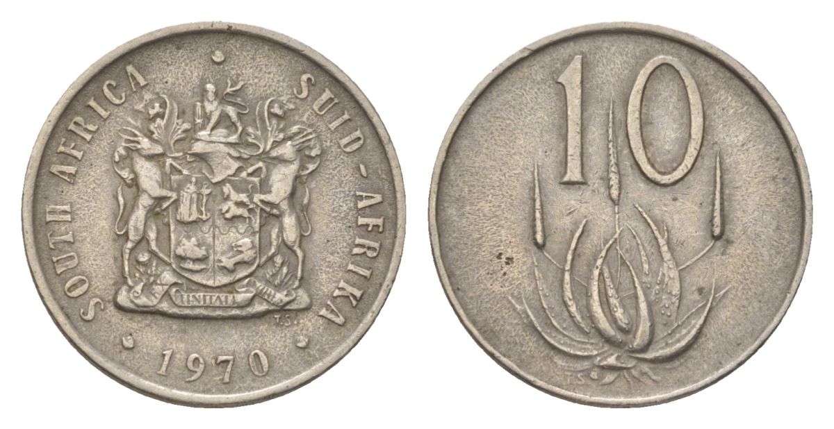 ЮАР 10 центов 1970 герб, цветок алоэ KM 85 никель 4627-219