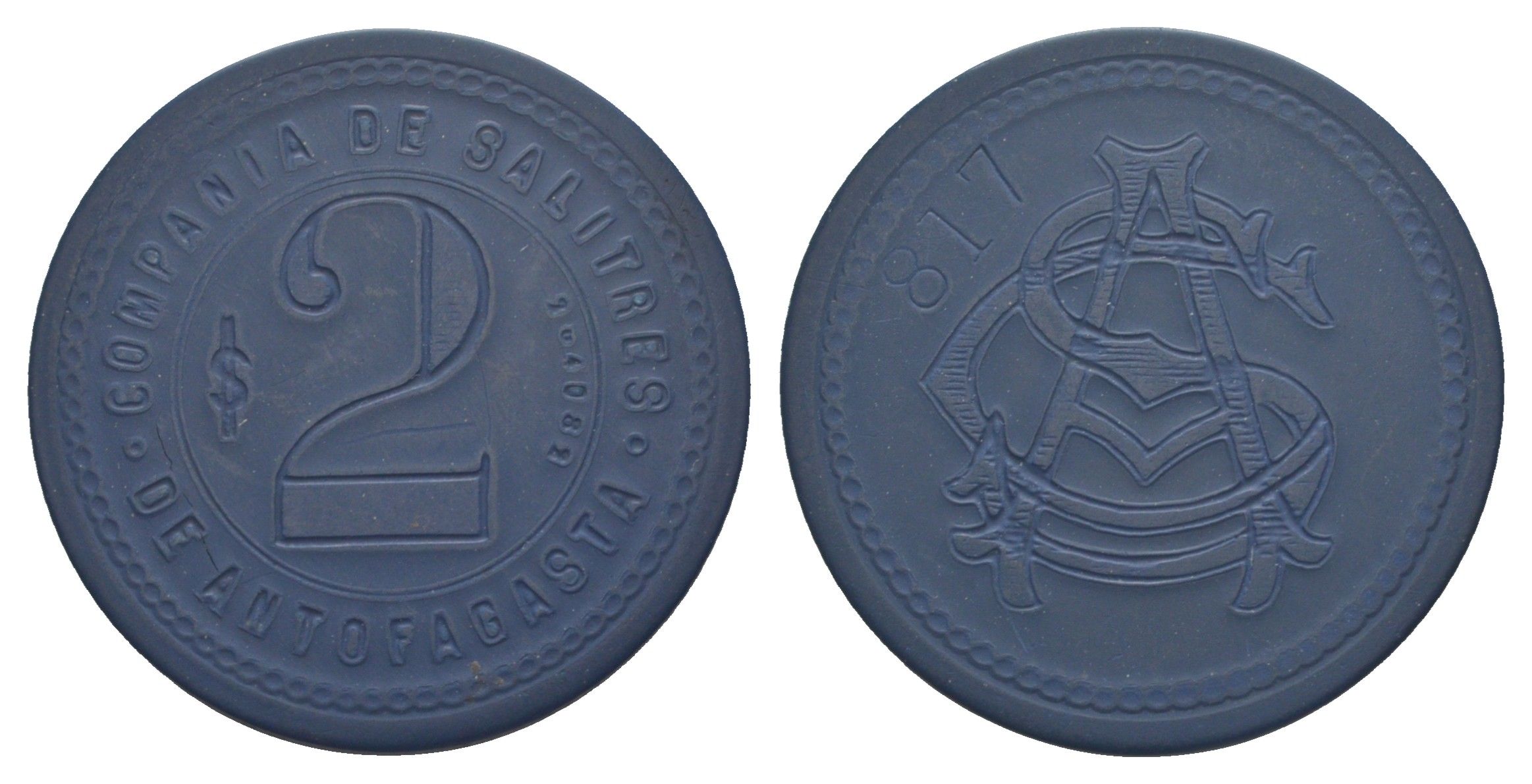 Чили, Антофагаста (Antofagasta) шахтерский жетон с Селитряного рудника для покупки в местных магазинах, номиналом в 2 песо около 1904 диаметр 40 мм, вес 4,76 гр Espinosa 22.11 эбонит (синий) 1094-11-43