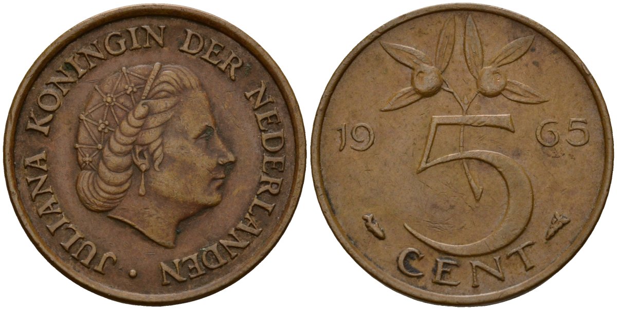 Нидерланды 5 центов 1965 Юлиана (1949-1980) KM 181 бронза 4154-927