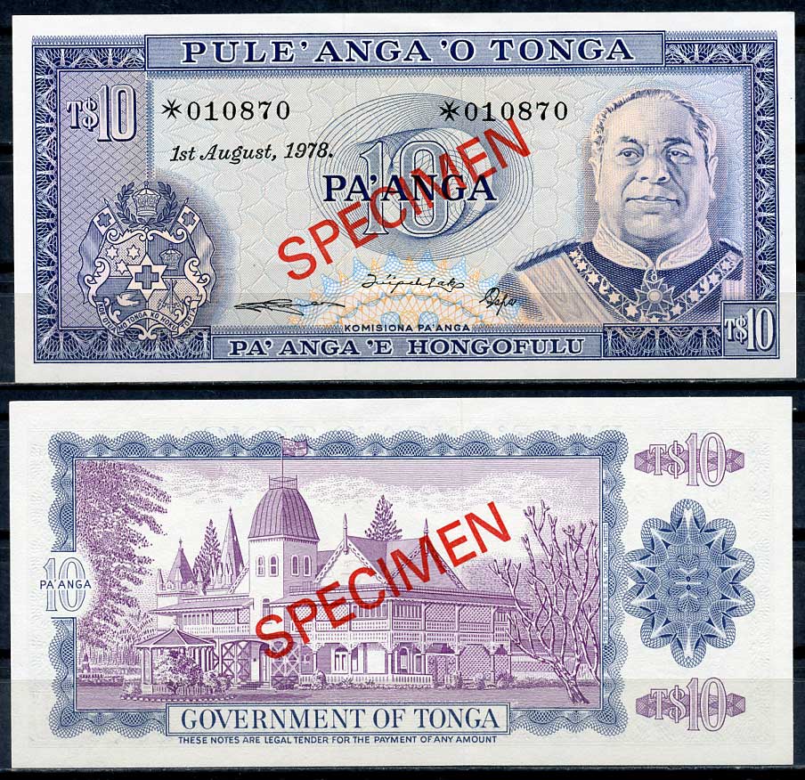 Тонга 1, 2, 5 и 10 паанга 1978 образец, Specimen, № 010870 Pick 19 s, 20 s, 21 s, 22 s  бумага  UNC (пресс) 451-4-2