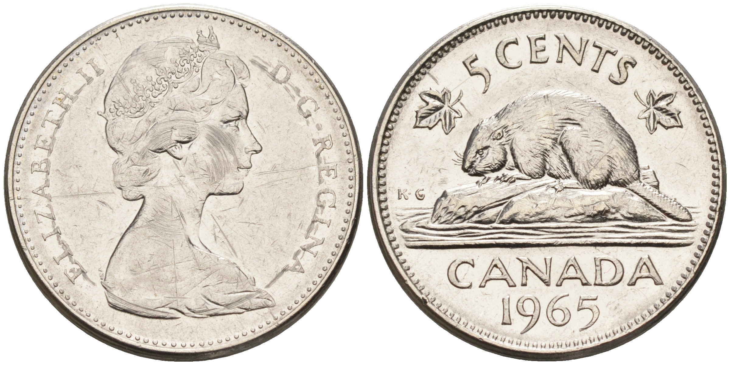 Канада 5 центов 1965 Елизавета II (1952-2022), бобер KM 60.1 никель 4595-627