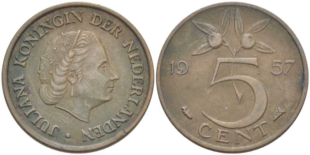 Нидерланды 5 центов 1957 Юлиана (1948-1980) KM 181 бронза 213-1026