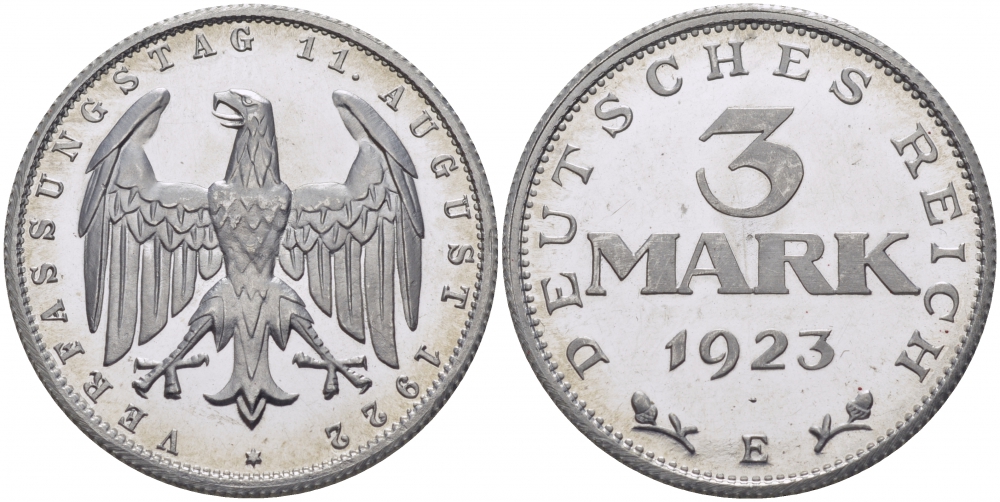 Германия 3 марки 1922 E, третья годовщина Веймарской конституции KM 29, J. 303 алюминий PROOF 00-814-31