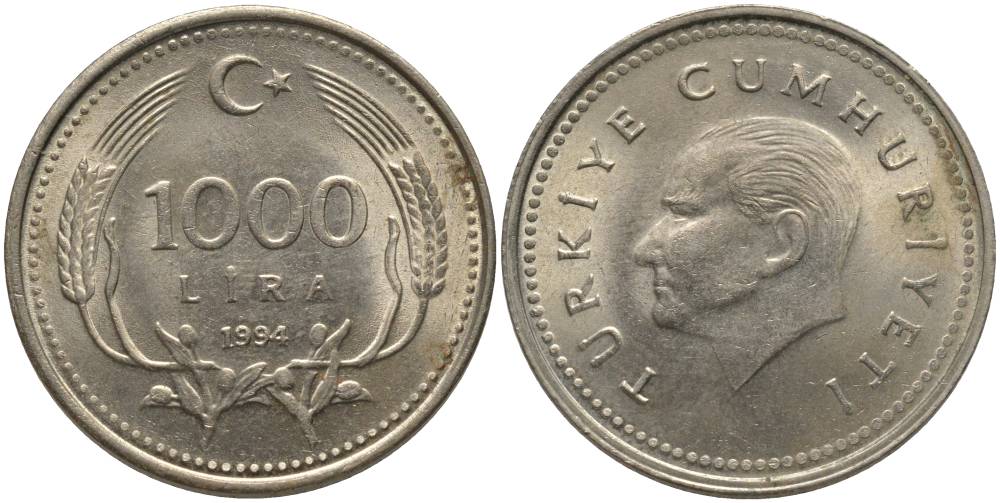 Турция 1000 лир 1994 Мустафа Кемаль Ататюрк KM 997 медь никель цинк 181-457