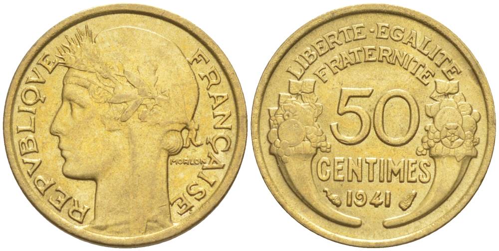 ФРАНЦИЯ 50 САНТИМОВ 1941 ТИП MORLON KM 894.1, LE FRANC 192.18 алюминиевая бронза 44-539