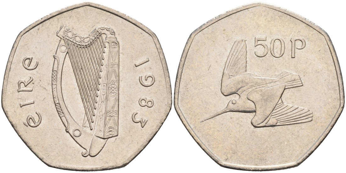 Ирландия 50 пенсов 1983 вальдшнеп KM 24 медно-никель 88-644