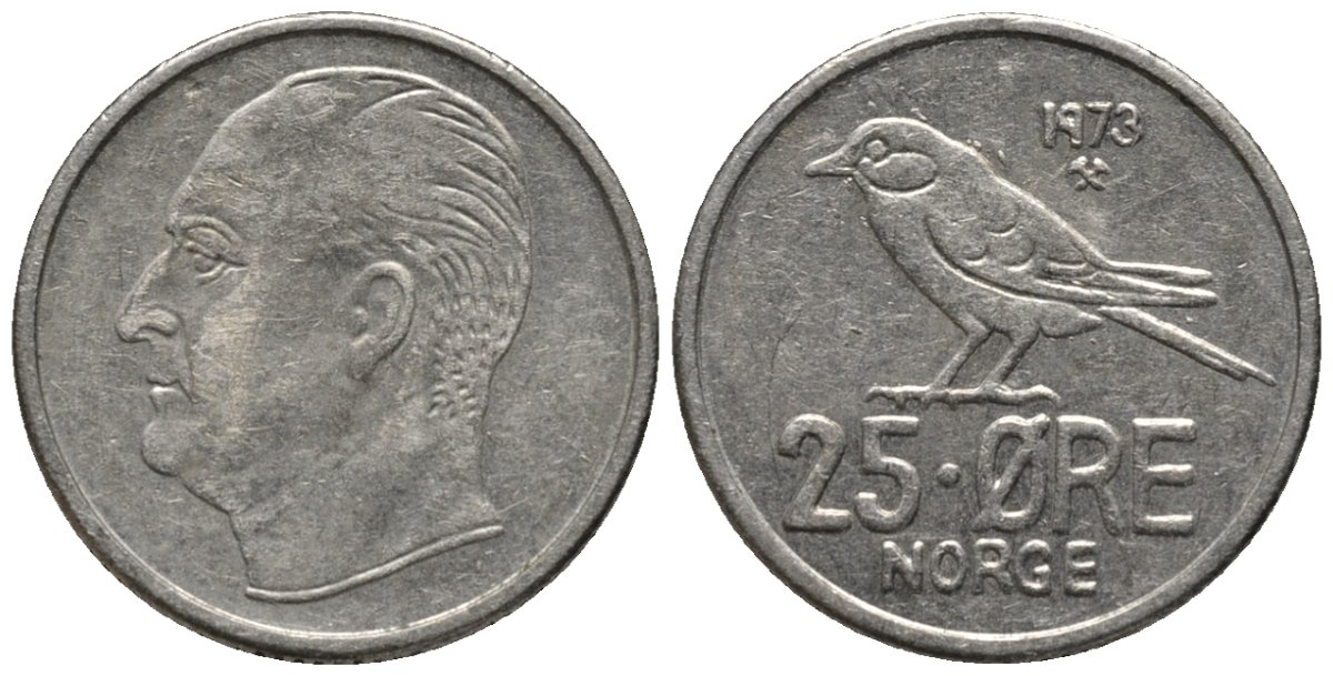 Норвегия 25 эре 1973 Улаф V (1958-1991), синица KM 407 медно-никель 3309-654