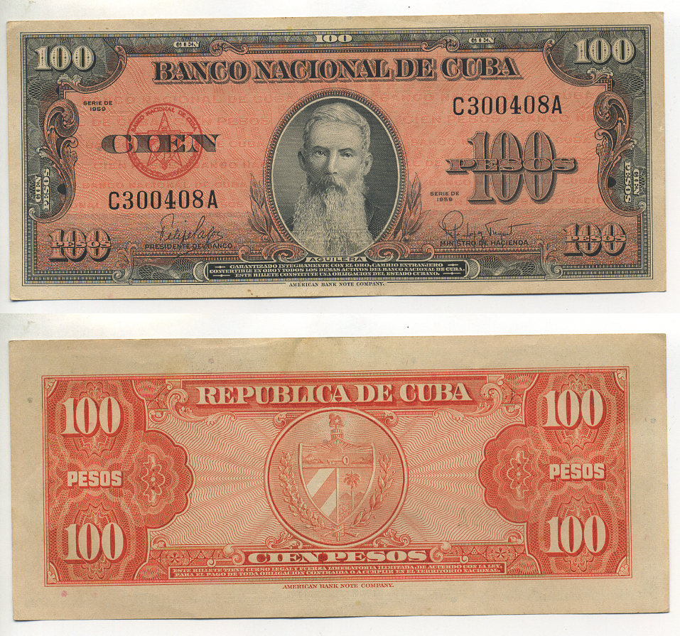 Куба 100 песо 1959 Висенте Агилера, черная серия Pick 93 a бумага аUNC 6299-44-2
