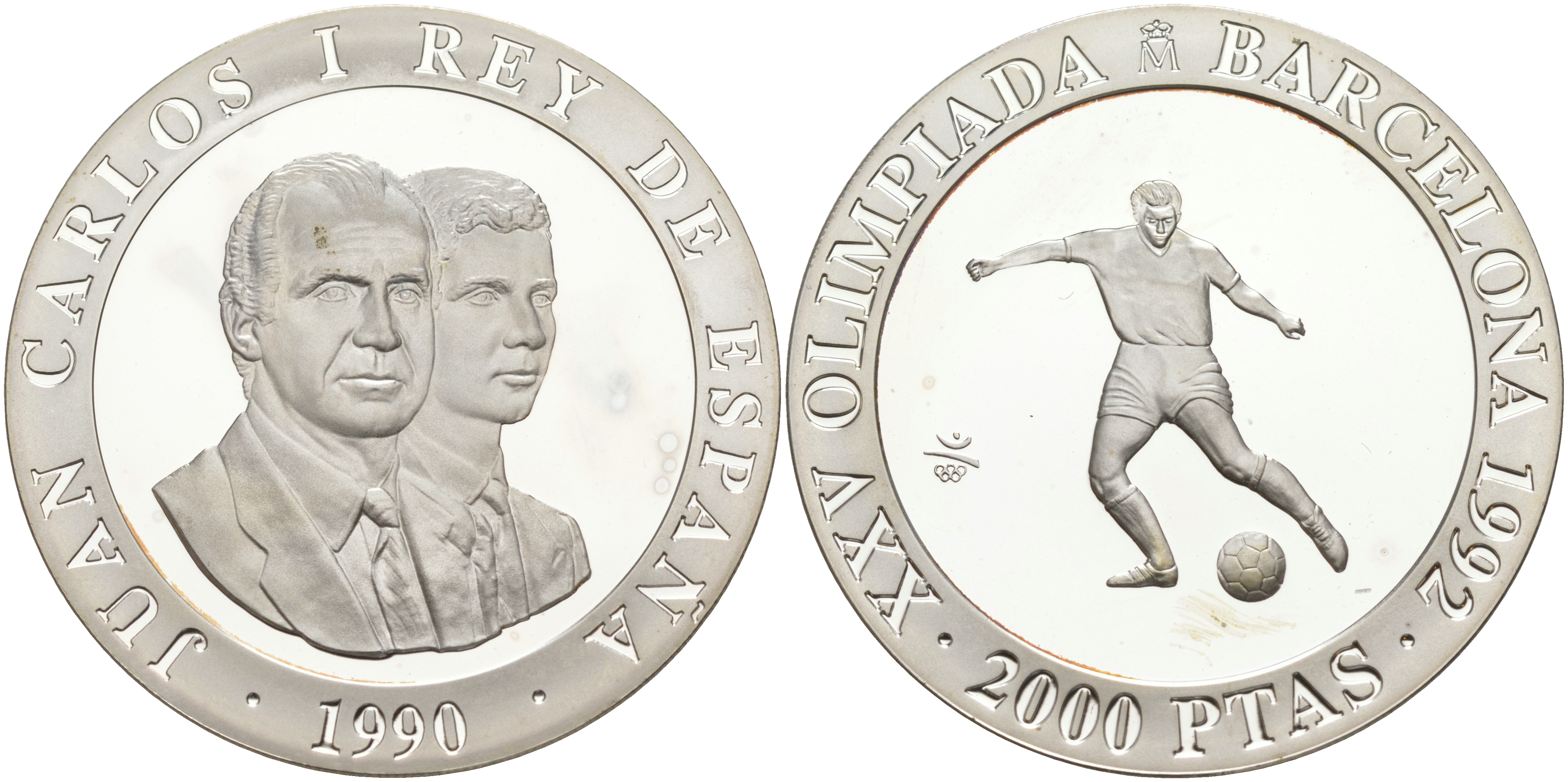 Испания 2000 песет 1990 XXV летние Олимпийские игры 1992 года в Барселоне, футбол KM 862 серебро PROOF 1072-8-24
