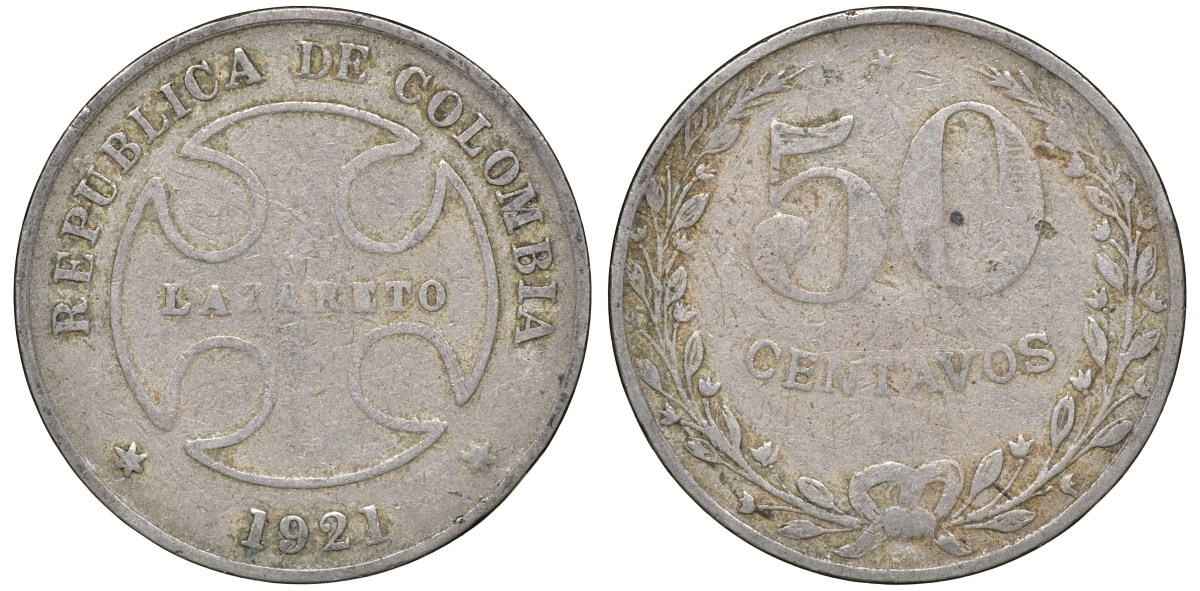 Колумбия 50 сентаво 1921 государственный лепрозорий KM L13 медно-никель 53-943
