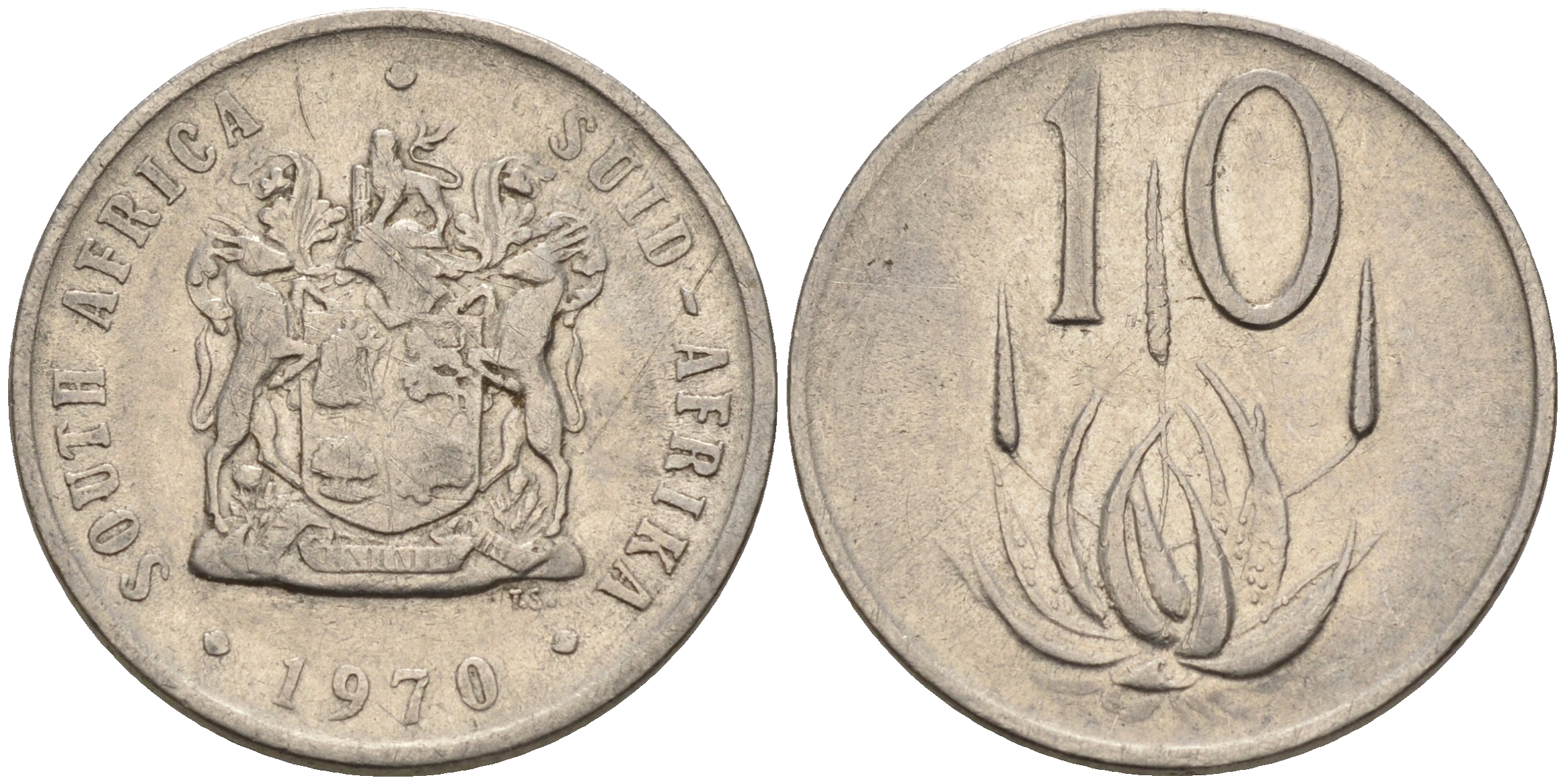 ЮАР 10 центов 1970 цветок алоэ, первый год KM 85 никель    4189-121