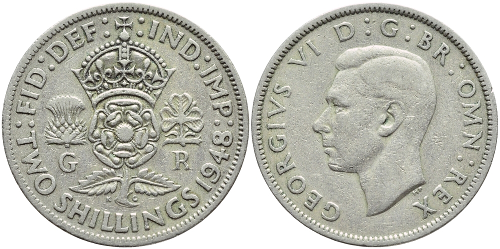 Великобритания 2 шиллинга (флорин) 1948 Георг VI (1936-1952) KM 865, Spink 4102 медно-никель 4394-1036